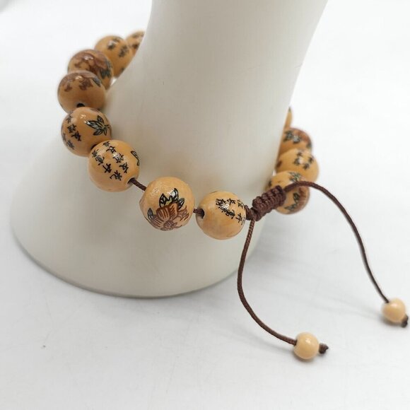 Vintage Wooden Beaded Bracelet Floral with Chinese Lettering Adjustable Cord - Picture 2 of 5